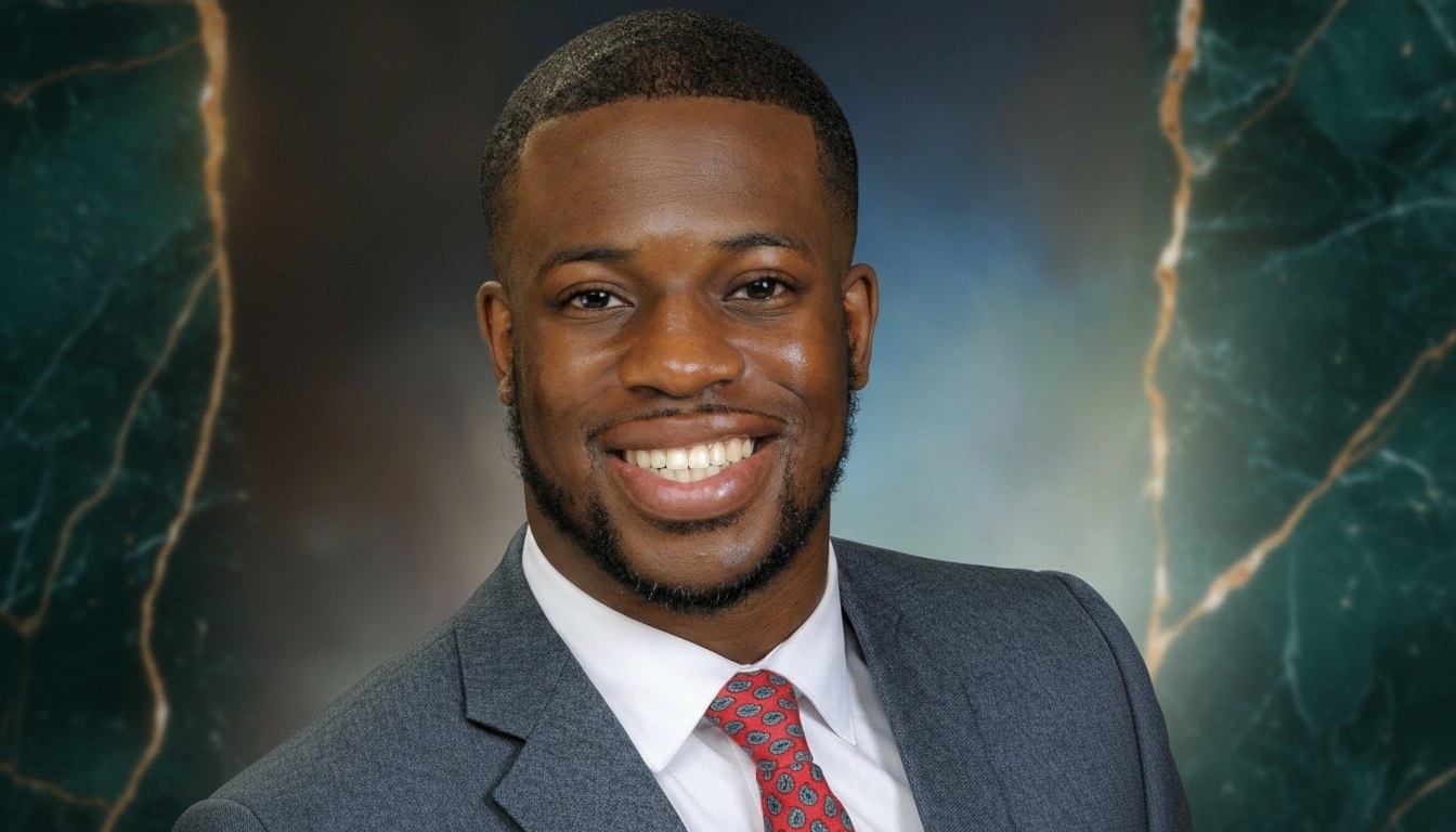 Dr. Randy Obi smiling in a gray suit, white shirt and red patterned tie against a dark green marble backdrop