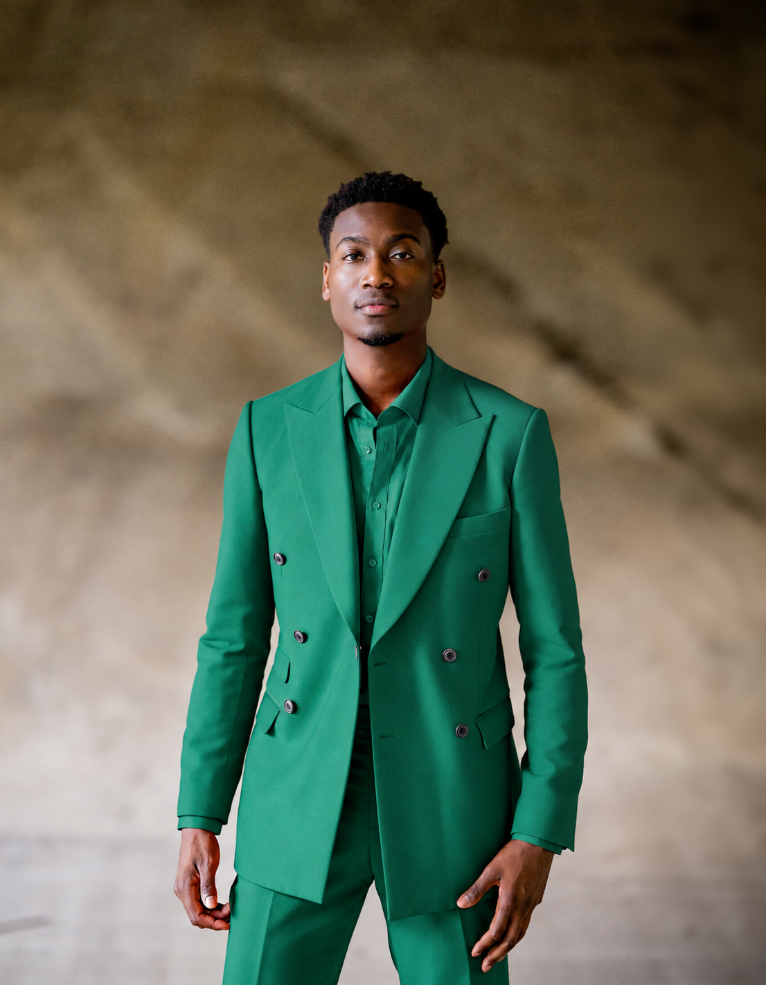 Dr. Iggy / Matthew Igbinigie wearing an emerald-green suit and matching shirt against a warm textured studio background